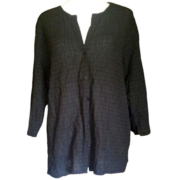 Eileen Fisher Black Grid Texture Organic Cotton Button Front Blouse Size Large - Picture 1 of 7